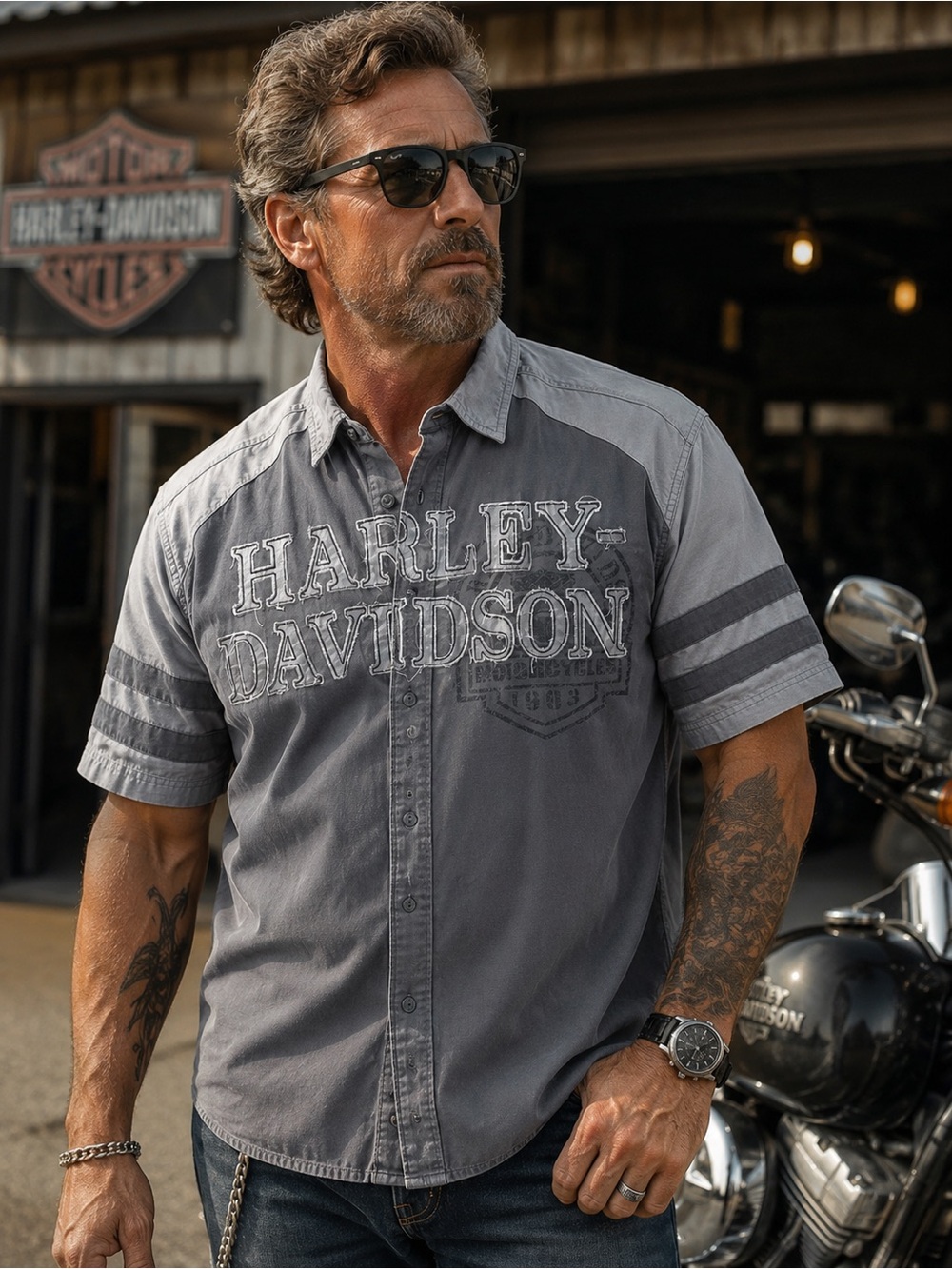 Harley-Davidson Men's Short Sleeve Gray Logo Button-Down Shirt